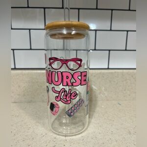 Nurse Life Glass cup with bamboo lid. with Pink Accents